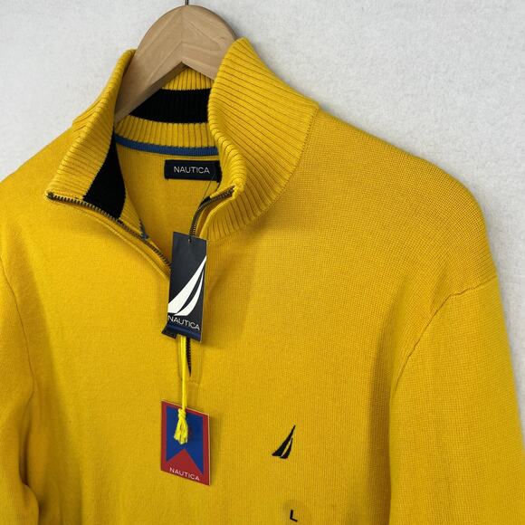 NAUTICA Sweater Mens L 1/4 Zip Mock Neck Jumper Pullover Cotton Yellow NEW - Picture 1 of 15